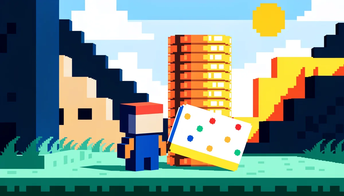 Ilustrasi dunia game kotak-kotak dengan tumpukan koin dan kartu hadiah
